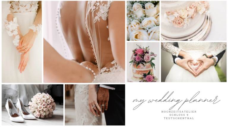 Collage Brautkleider Rosen Hochzeitspaar weiße Schuhe Brautstrauß Schriftzug my wedding planner Hochzeitsatelier Schloß 9 Teutschenthal